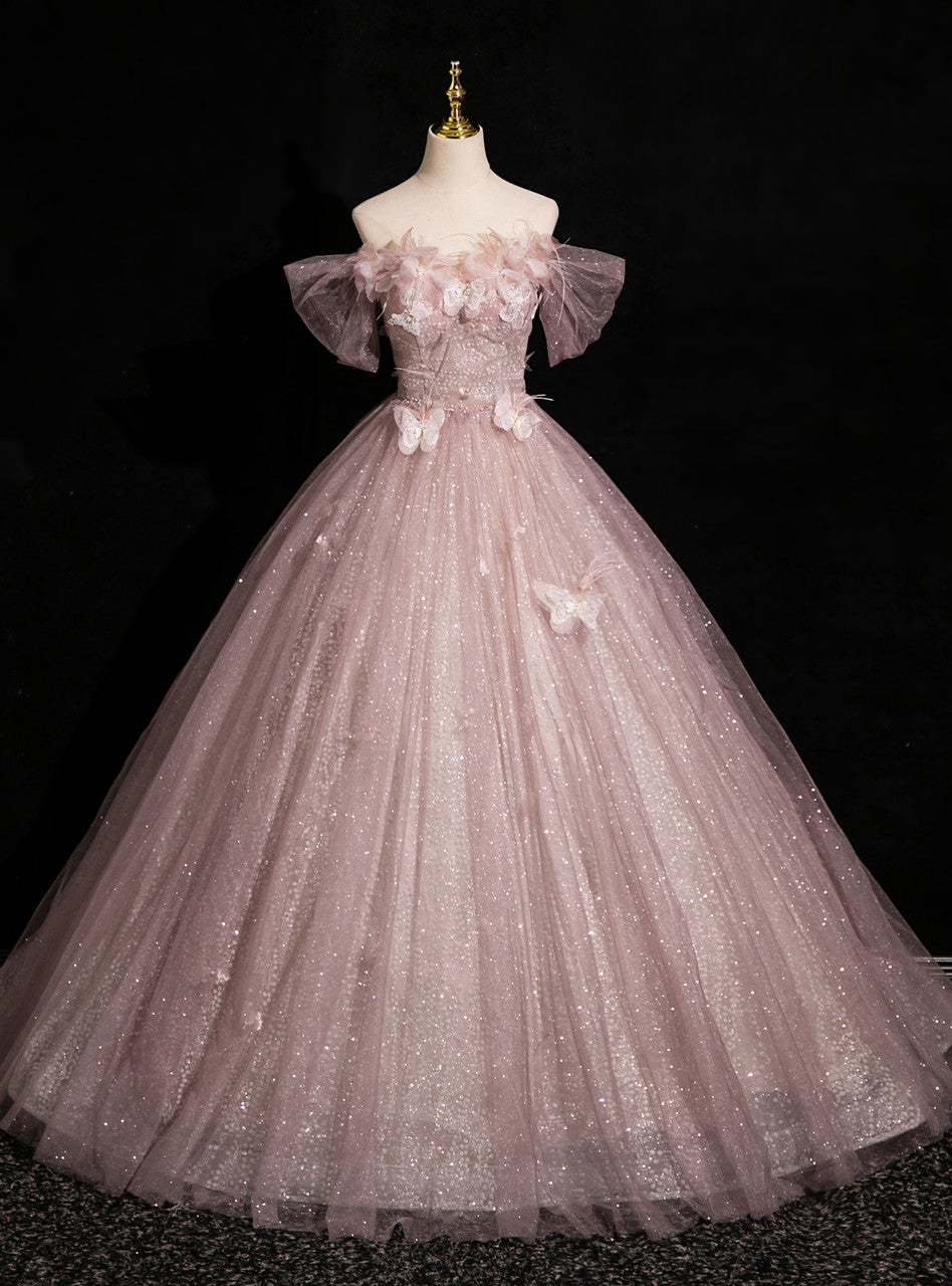 Vestido de fiesta de tul rosa con lentejuelas y hombros descubiertos, diseño de mariposas ED01396
