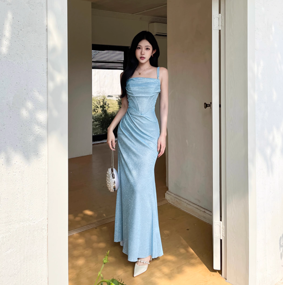 Blue Mermaid Spaghetti Strap Simple Long Prom Dress ED01399