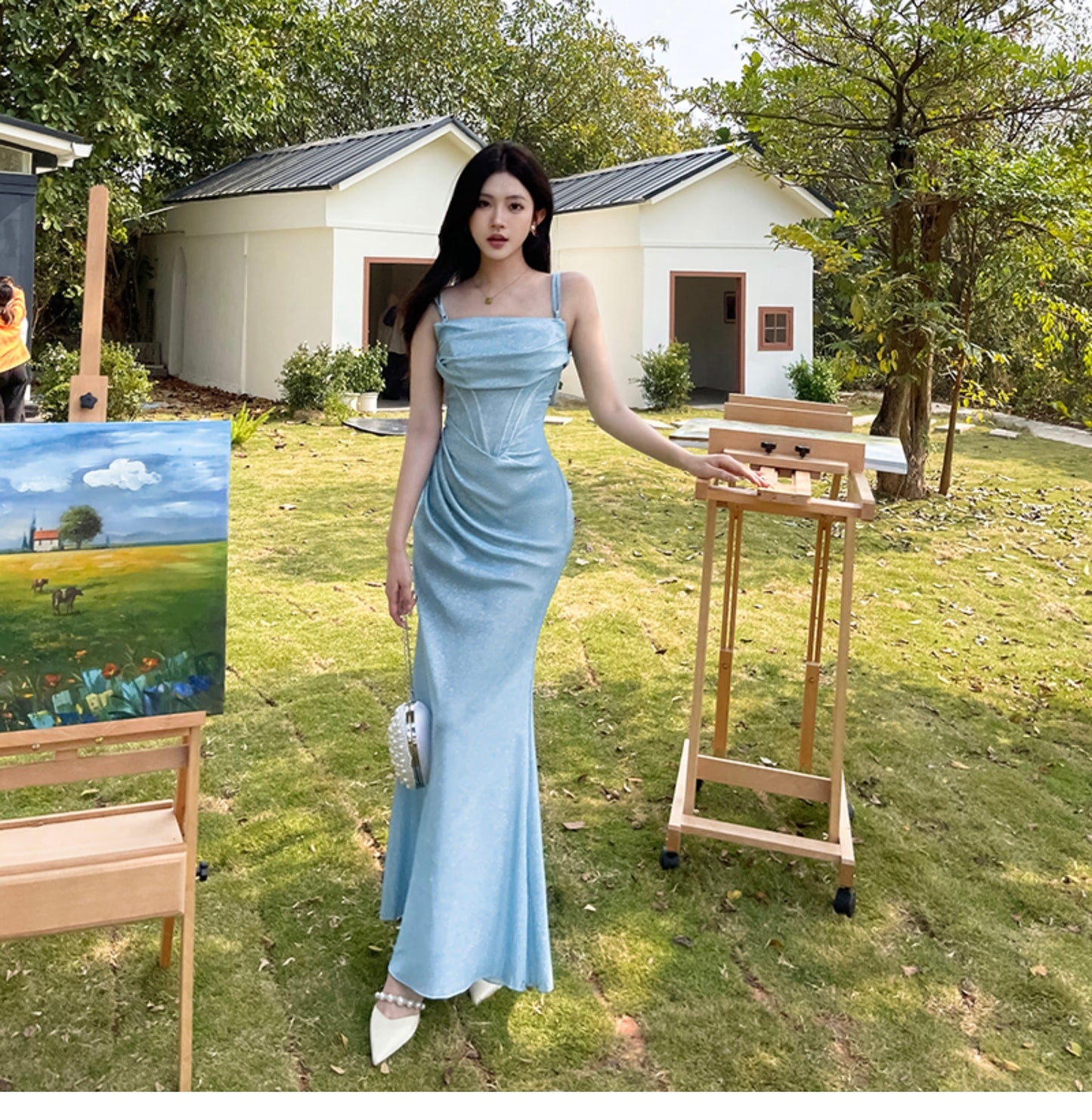Blue Mermaid Spaghetti Strap Simple Long Prom Dress ED01399