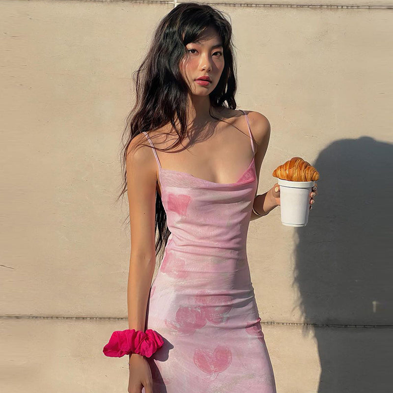 Vestido de tirantes finos con estampado francés, de malla y espalda descubierta ED01402