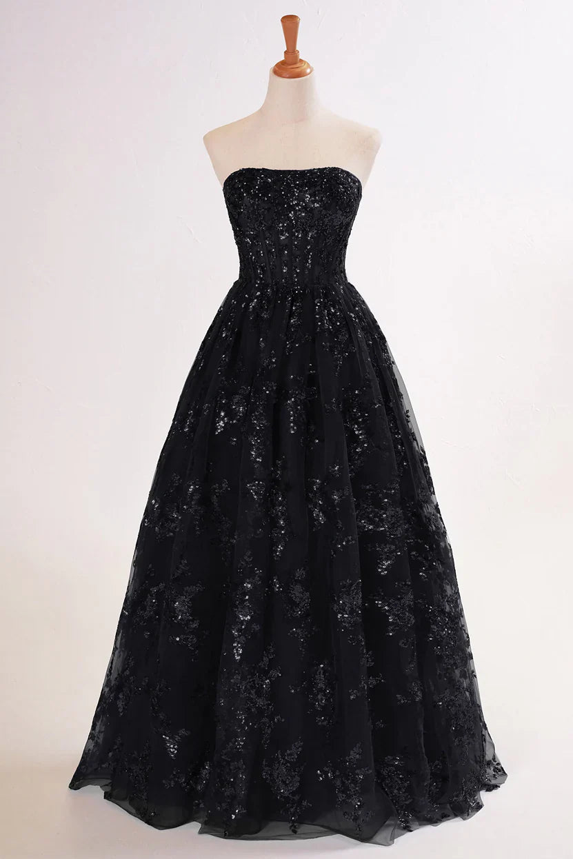 Vestido de fiesta largo sin tirantes, corte A, con encaje y lentejuelas, con bolsillos ED01405