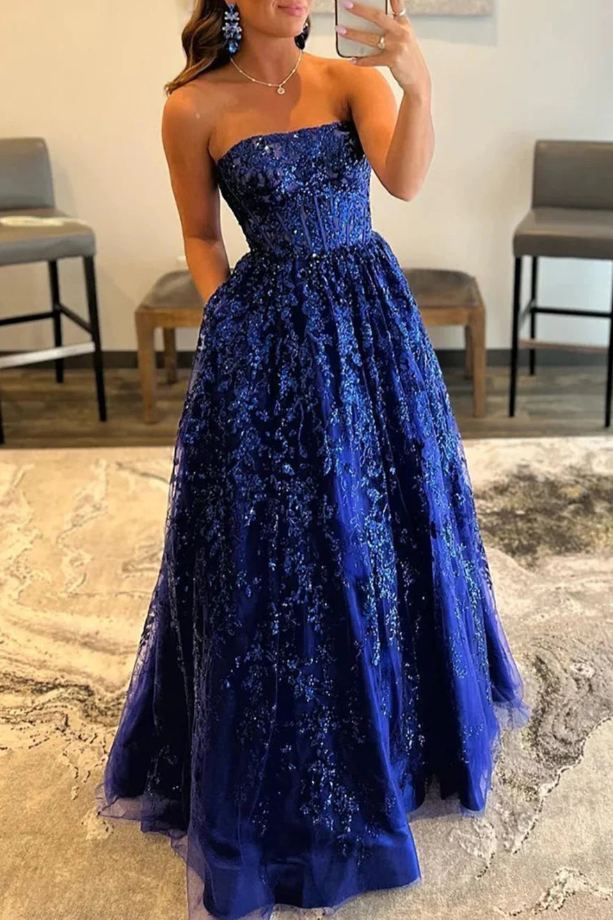Vestido de fiesta largo sin tirantes, corte A, con encaje y lentejuelas, con bolsillos ED01405