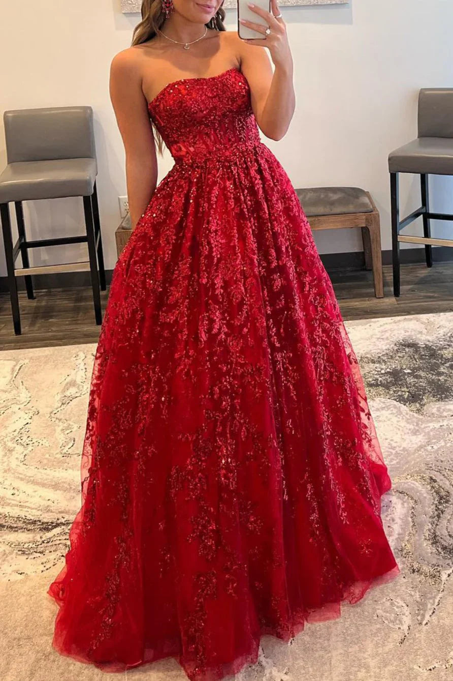 Vestido de fiesta largo sin tirantes, corte A, con encaje y lentejuelas, con bolsillos ED01405