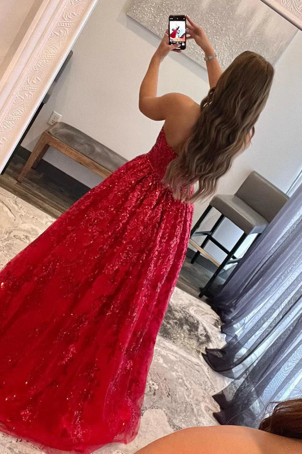 Vestido de fiesta largo sin tirantes, corte A, con encaje y lentejuelas, con bolsillos ED01405