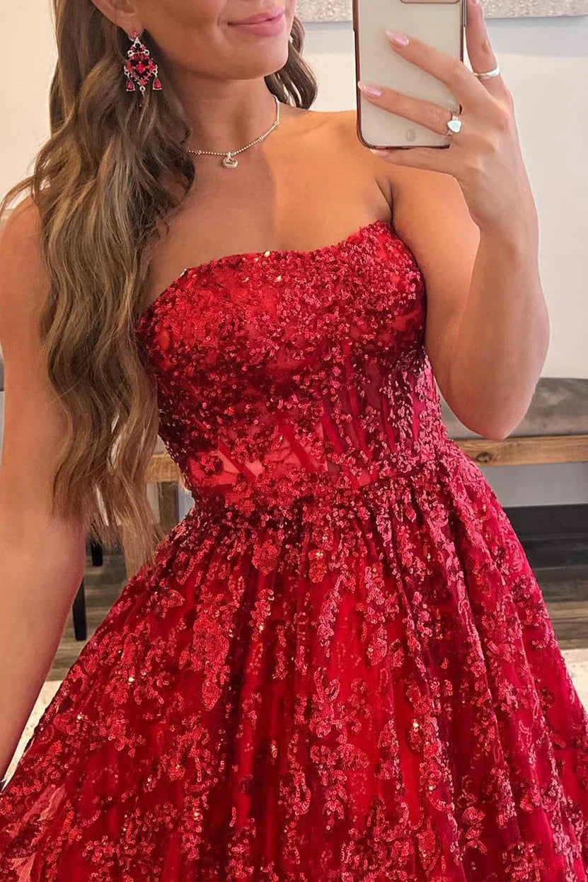 Vestido de fiesta largo sin tirantes, corte A, con encaje y lentejuelas, con bolsillos ED01405