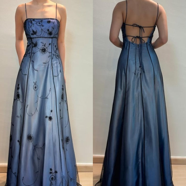 Vestidos de fiesta estilo imperio con degradado azul vintage, espalda descubierta, románticos, con cuentas, ED01406
