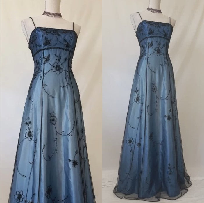 Vestidos de fiesta estilo imperio con degradado azul vintage, espalda descubierta, románticos, con cuentas, ED01406
