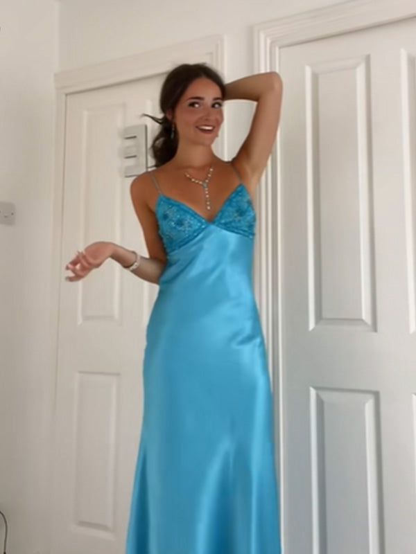Elegant Blue🩵 Spaghetti Strap Mermaid Gown for Prom&Party Sleeveless Satin Vintage Formal Evening Dress ED01407