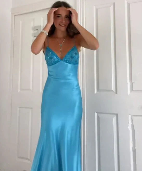 Elegant Blue🩵 Spaghetti Strap Mermaid Gown for Prom&Party Sleeveless Satin Vintage Formal Evening Dress ED01407
