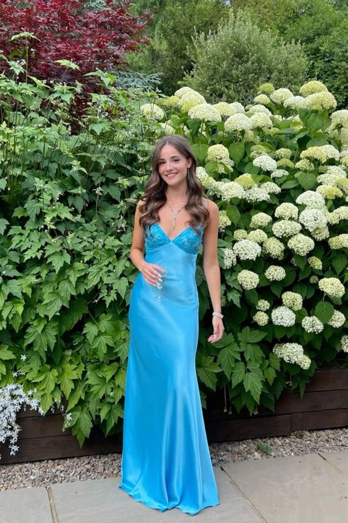 Elegant Blue🩵 Spaghetti Strap Mermaid Gown for Prom&Party Sleeveless Satin Vintage Formal Evening Dress ED01407