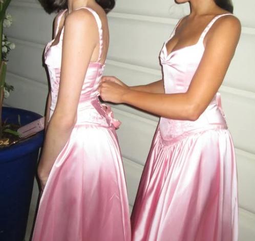 Vestido de noche elegante de satén rosa largo con tirantes finos y corte A, hasta el suelo, ED01409