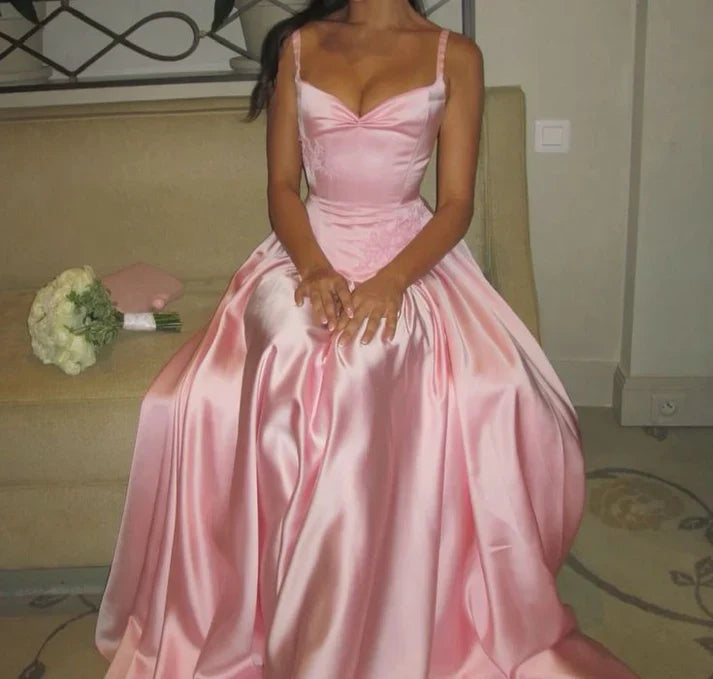 Vestido de noche elegante de satén rosa largo con tirantes finos y corte A, hasta el suelo, ED01409