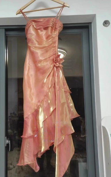 Vintage Spaghetti Straps Chiffon Satin Ruffled Prom Dresses Fairytale Party Dresses ED01410