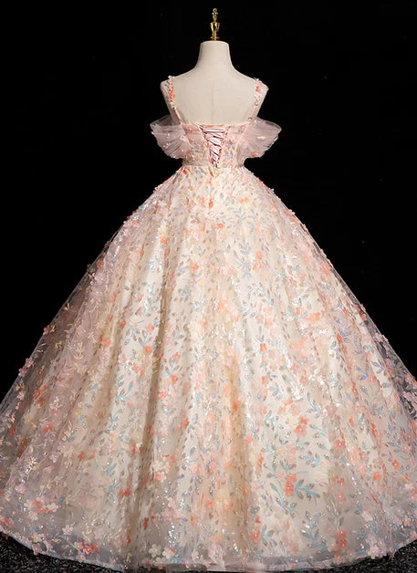 Vestido de fiesta largo rosa con escote en forma de A, tirantes finos, encaje, tul y flores, escote corazón, hombros descubiertos, para quinceañeras, ED01414
