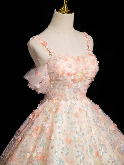 Vestido de fiesta largo rosa con escote en forma de A, tirantes finos, encaje, tul y flores, escote corazón, hombros descubiertos, para quinceañeras, ED01414