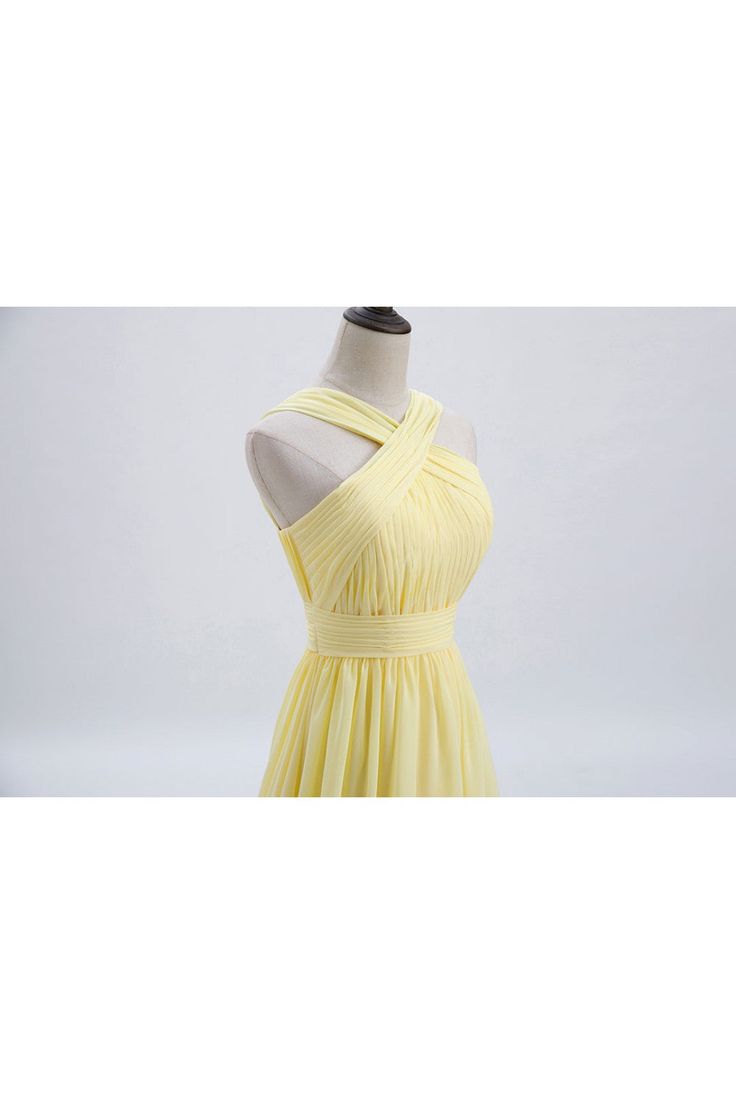 Vestido largo de dama de honor de gasa plisada en amarillo pálido con frente cruzado, vestido de fiesta ED01417