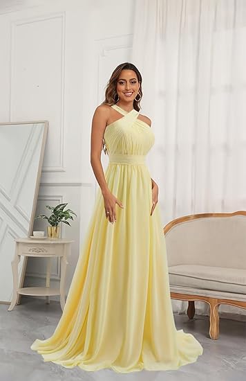 Vestido largo de dama de honor de gasa plisada en amarillo pálido con frente cruzado, vestido de fiesta ED01417