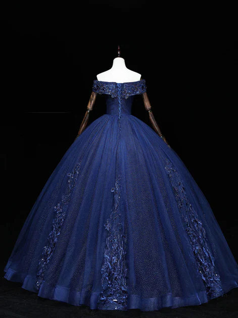 Vestido de fiesta azul marino de tul con escote en A y cuentas, hombros descubiertos, vestido de fiesta azul marino con apliques de encaje y lentejuelas ED01418