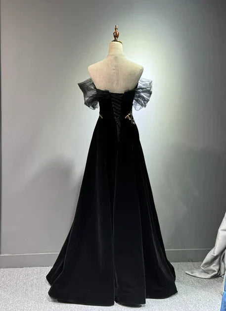 Black A-line Off Shoulder Tulle Velvet Long Prom Dress,Sequin Formal Evening Dress ED01420