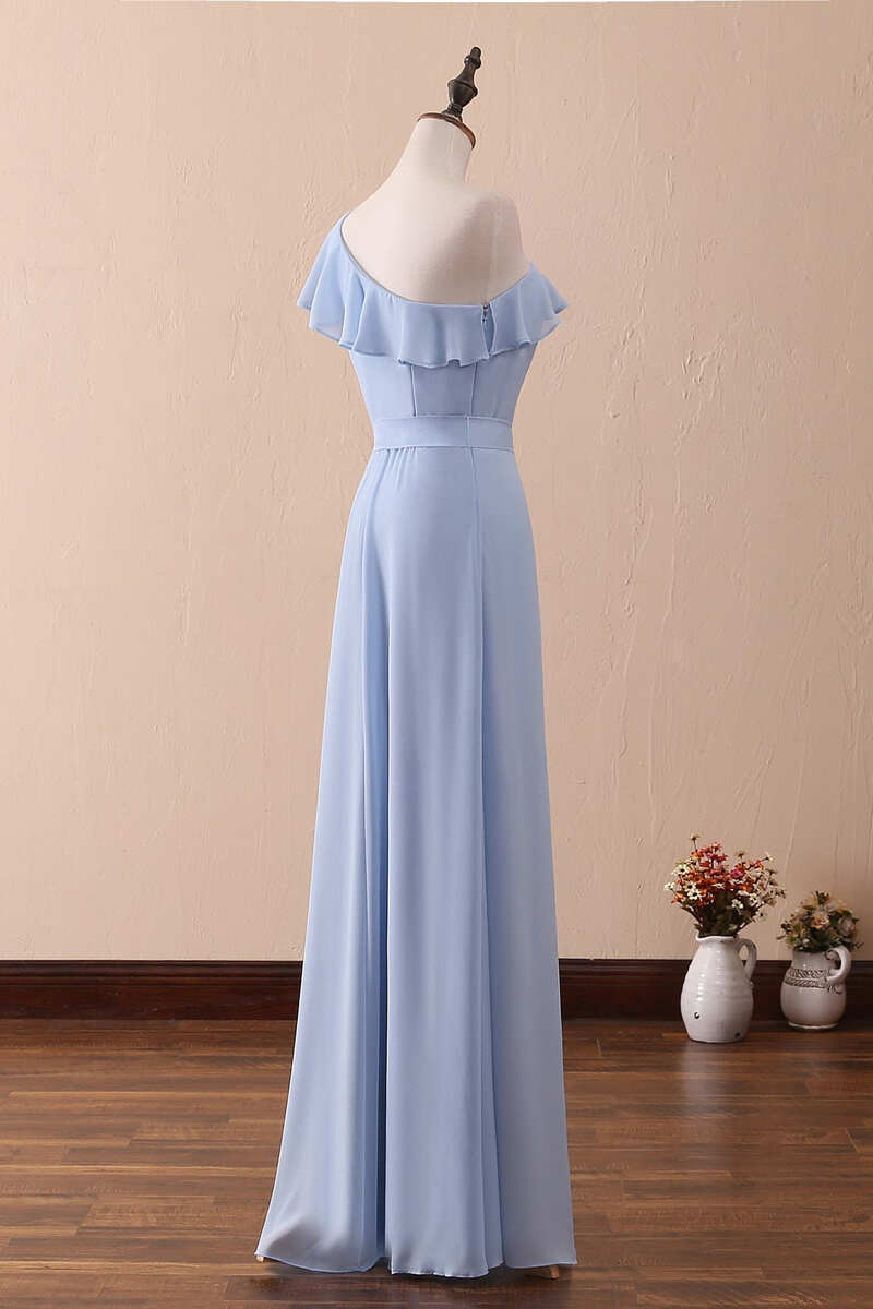 Vestido largo de dama de honor de gasa con volantes, corte A, un hombro, color bígaro, vestido de fiesta ED01421