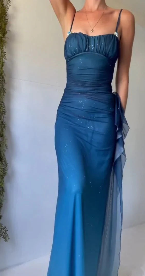 Vestido de sirena azul degradado único para fiesta y quinceañera: tirantes finos, gasa brillante, largo, para graduación y noche ED01424