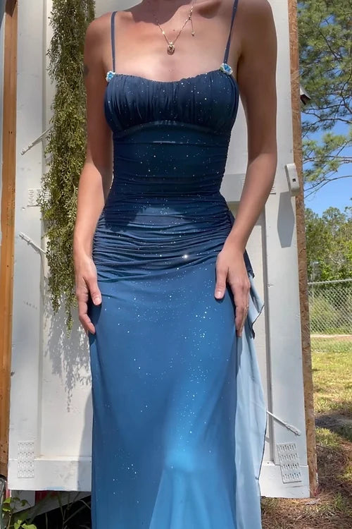 Vestido de sirena azul degradado único para fiesta y quinceañera: tirantes finos, gasa brillante, largo, para graduación y noche ED01424