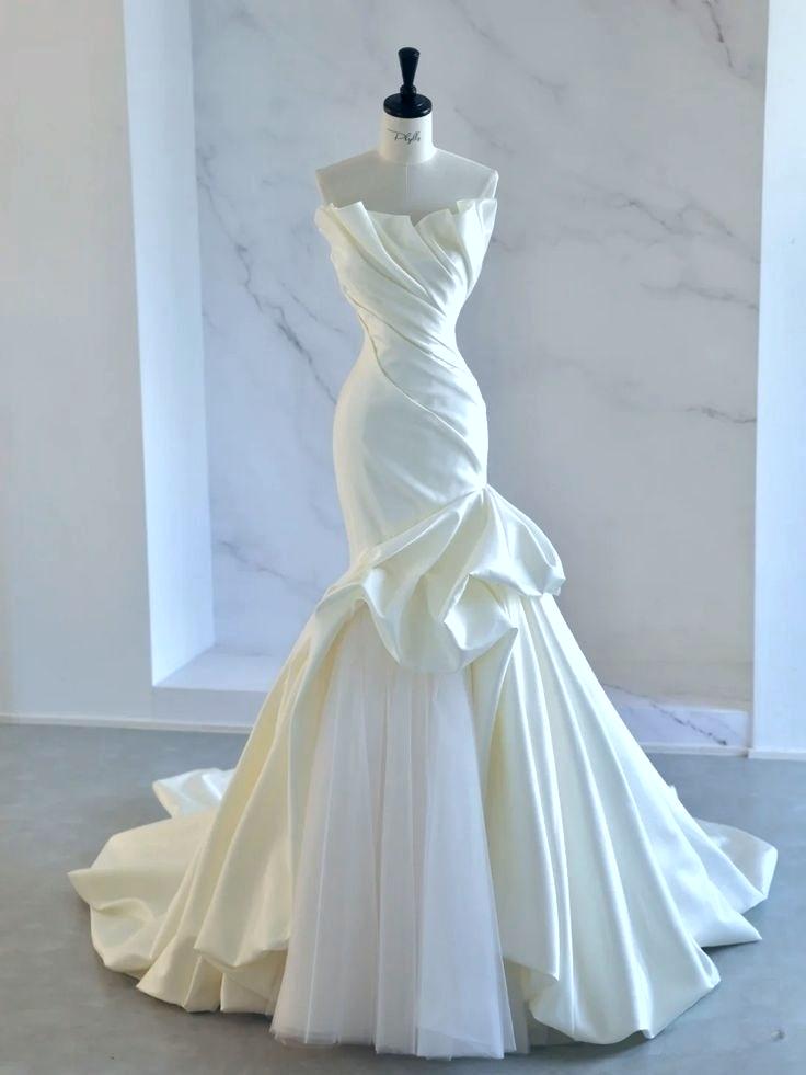 Ivory Mermaid Strapless Satin Wedding Dress, Tender Long Prom Dress ED01425