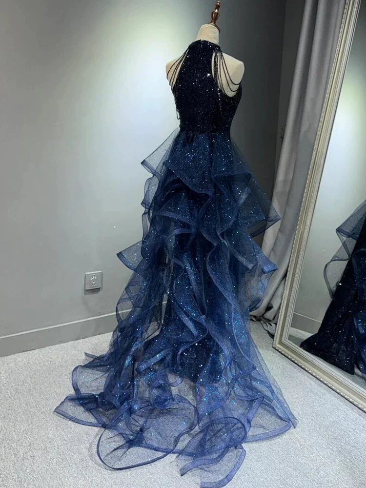 Elegante vestido de fiesta largo azul marino con escote halter y lentejuelas brillantes, corte A, vestidos de noche formales ED01427