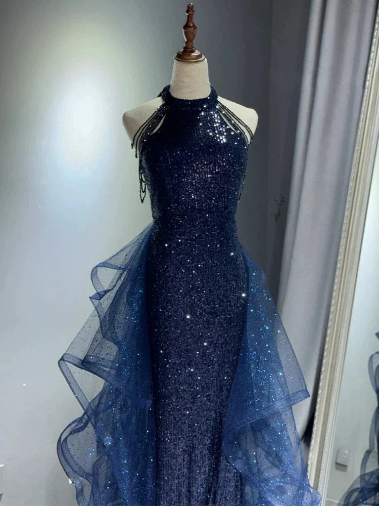 Elegante vestido de fiesta largo azul marino con escote halter y lentejuelas brillantes, corte A, vestidos de noche formales ED01427