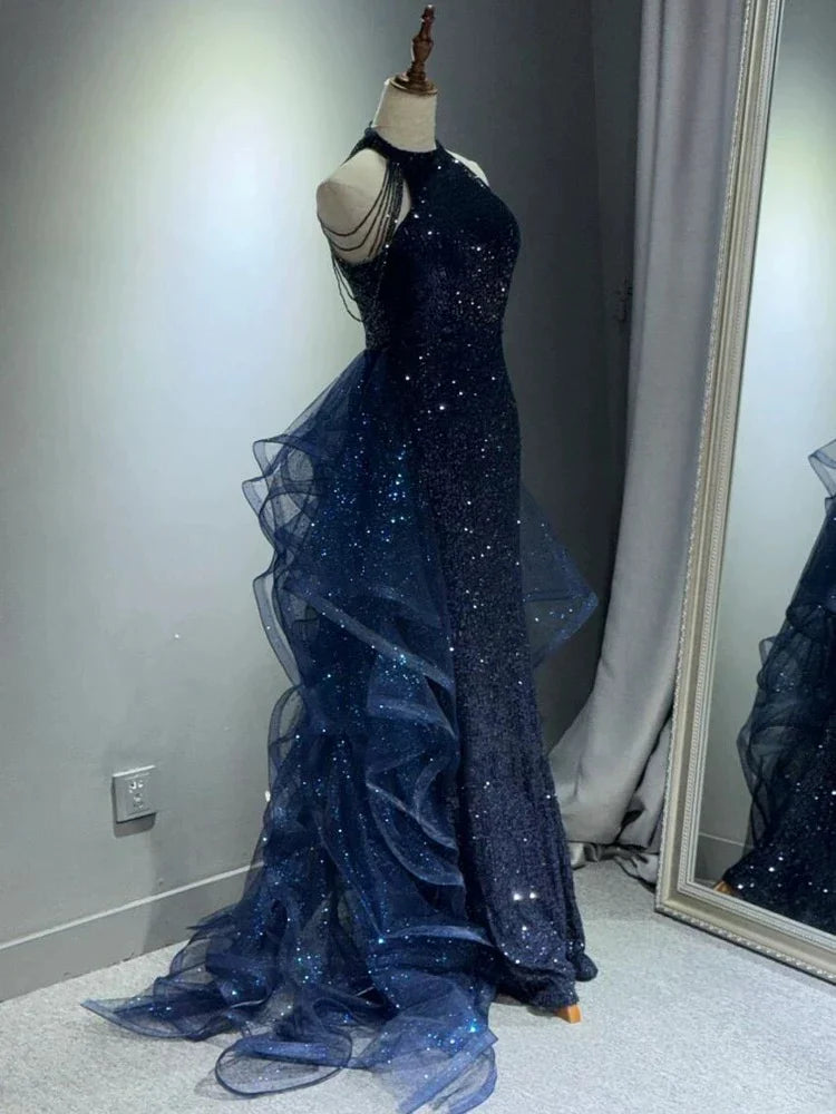 Elegante vestido de fiesta largo azul marino con escote halter y lentejuelas brillantes, corte A, vestidos de noche formales ED01427