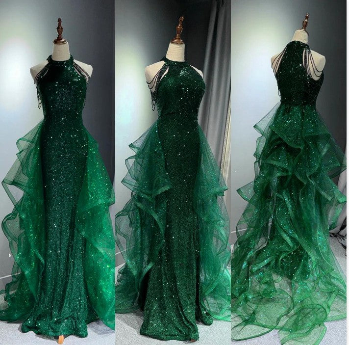 Elegante vestido de fiesta largo azul marino con escote halter y lentejuelas brillantes, corte A, vestidos de noche formales ED01427