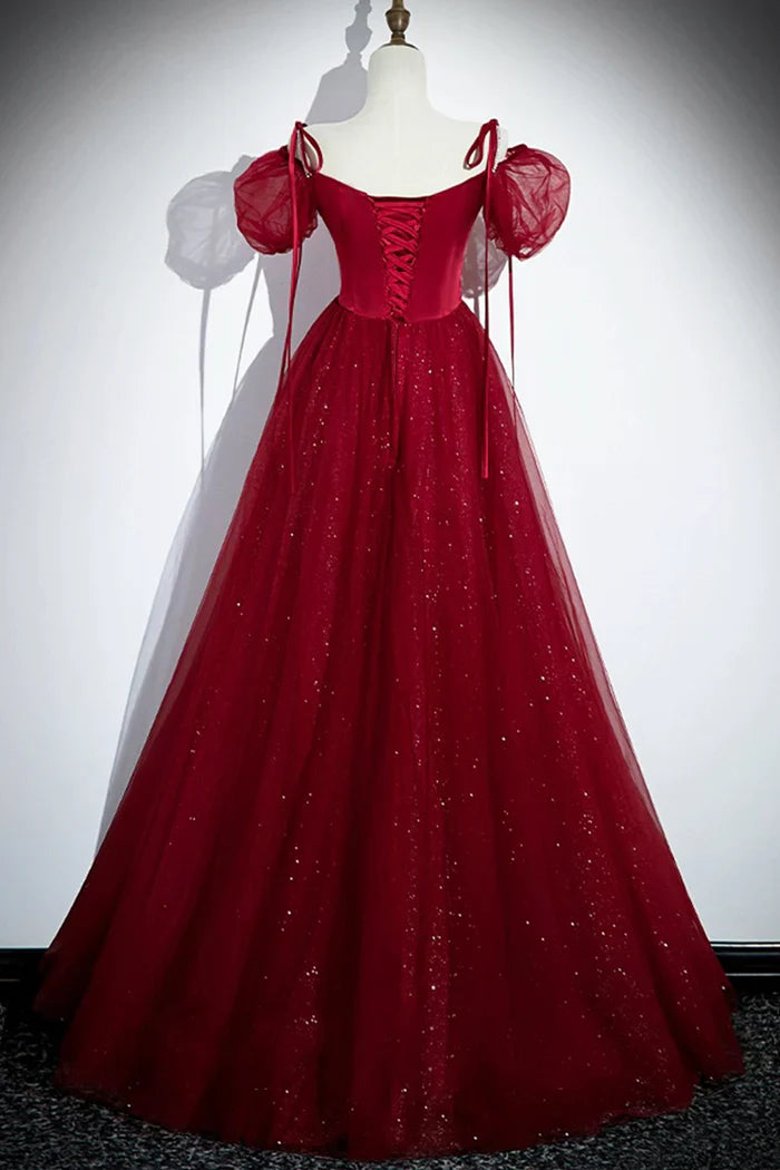 Vestido de fiesta burdeos de tul satinado, corte A, largo hasta el suelo, con hombros descubiertos, vestido de noche formal ED01455