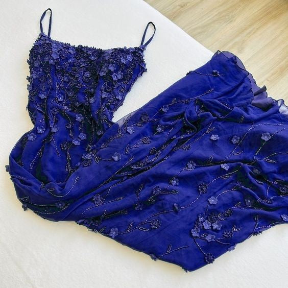 Vestido de fiesta largo, elegante, ajustado, con tirantes finos y apliques 3D ED01462