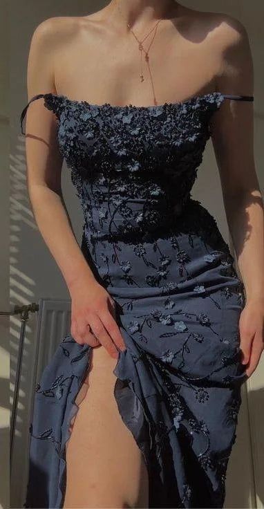 Vestido de fiesta largo, elegante, ajustado, con tirantes finos y apliques 3D ED01462