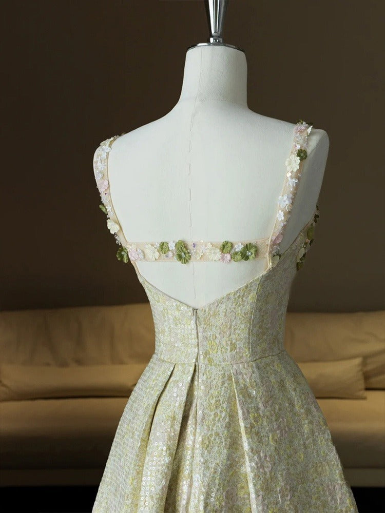 Vestido de fiesta largo de satén con lentejuelas y cuentas, corte A, tirantes finos, ED01464