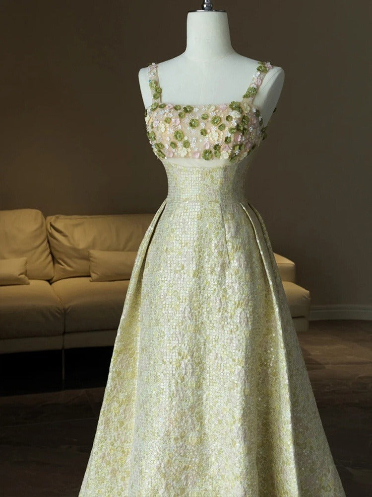 Vestido de fiesta largo de satén con lentejuelas y cuentas, corte A, tirantes finos, ED01464