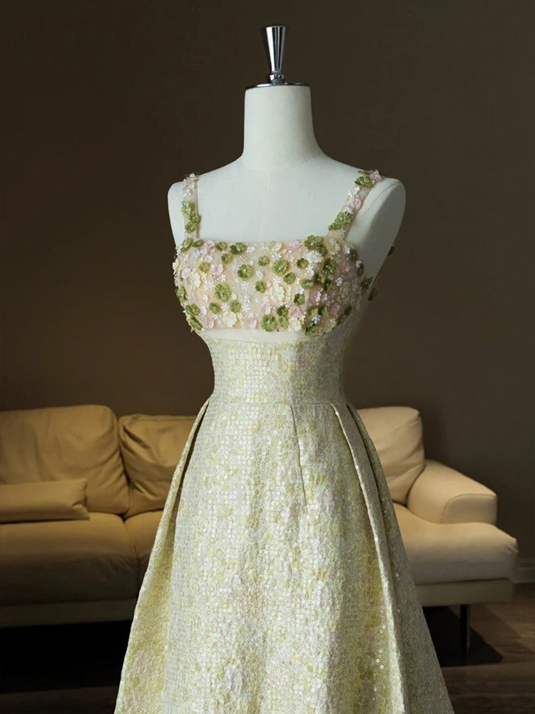Vestido de fiesta largo de satén con lentejuelas y cuentas, corte A, tirantes finos, ED01464