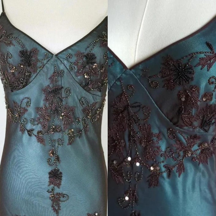 vintage-Inspired Evening Dresses 🩵 Blue Satin Spaghetti Straps Coffee Chiffon Long Prom Dresses with Beading ED01469