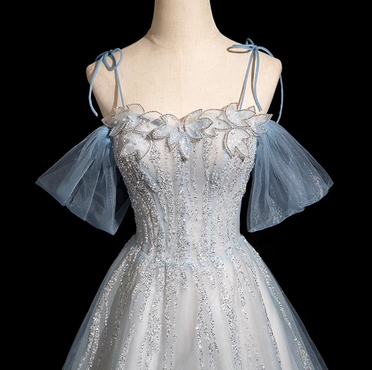 Vestido de fiesta largo de tul con lentejuelas y tirantes finos, corte A, elegante vestido de noche con cuentas ED01474