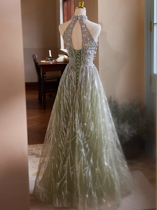 Vestido de fiesta largo verde de tul con lentejuelas y cuello halter, corte A, vestido de noche con cuentas ED01481