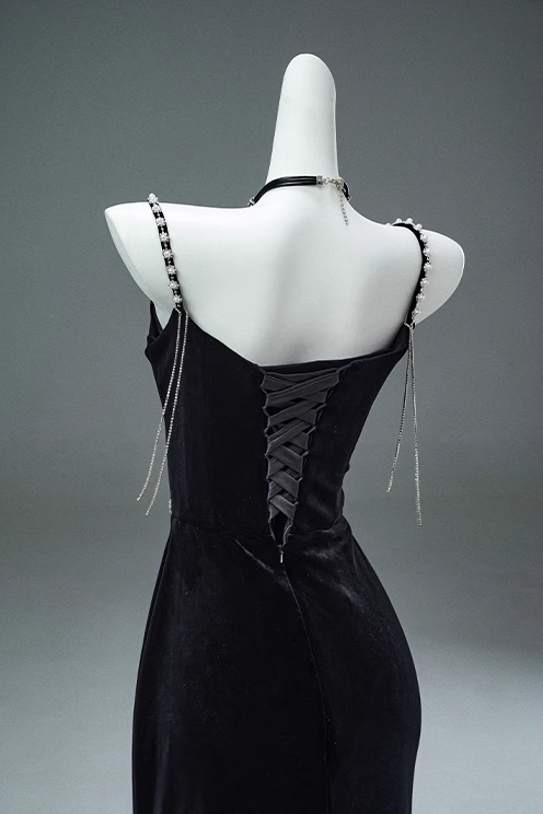 Black Mermaid Spaghetti Straps Velvet Beaded Long Prom Dresses , Elegant Evening Dress ED01482