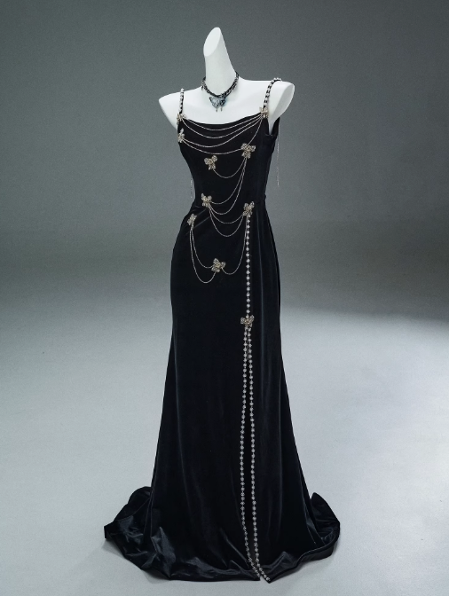 Black Mermaid Spaghetti Straps Velvet Beaded Long Prom Dresses , Elegant Evening Dress ED01482