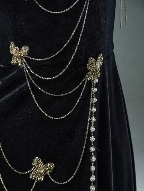 Black Mermaid Spaghetti Straps Velvet Beaded Long Prom Dresses , Elegant Evening Dress ED01482