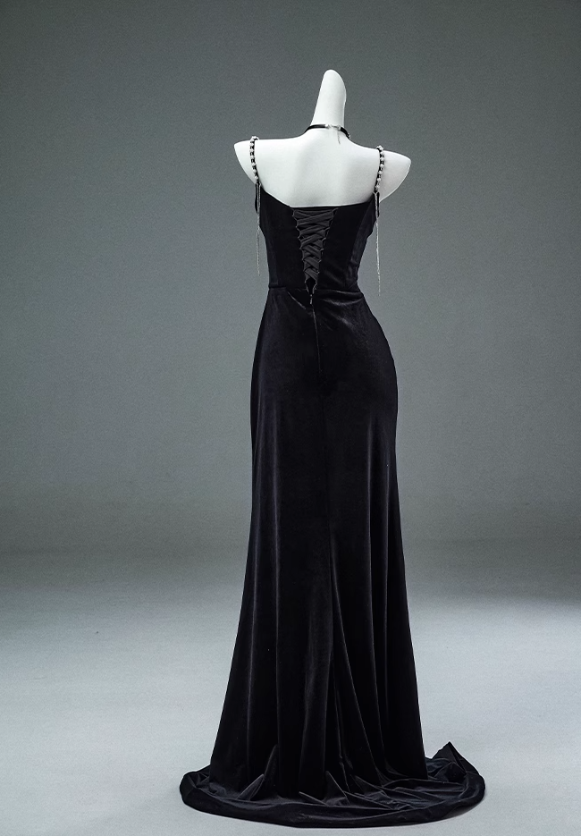Black Mermaid Spaghetti Straps Velvet Beaded Long Prom Dresses , Elegant Evening Dress ED01482