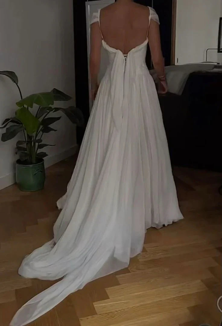 Elegante vestido de fiesta largo de corte A blanco, vestido de novia de gasa encantadora ED01511