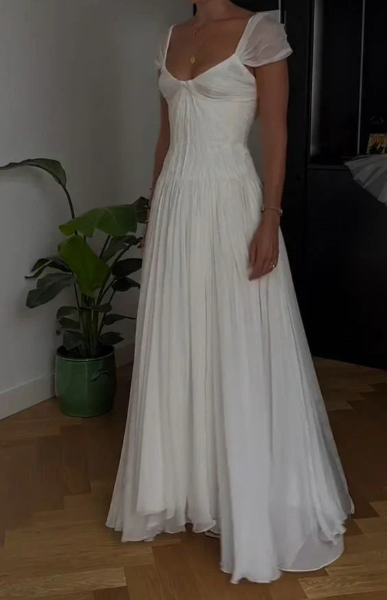 Elegante vestido de fiesta largo de corte A blanco, vestido de novia de gasa encantadora ED01511
