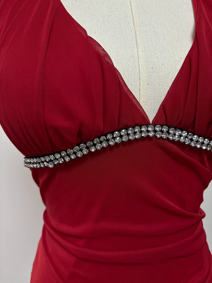 Vestido de fiesta burdeos de gasa con escote halter, espalda descubierta y corte en A, para dama de honor, largo hasta los tobillos, ED01515