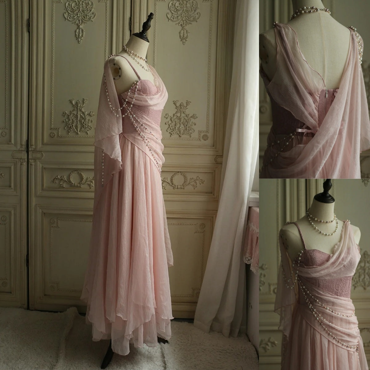 Vestidos de fiesta asequibles por menos de $180 ||Precioso vestido de fiesta de gasa rosa con tirantes finos y perlas de princesa ED01517