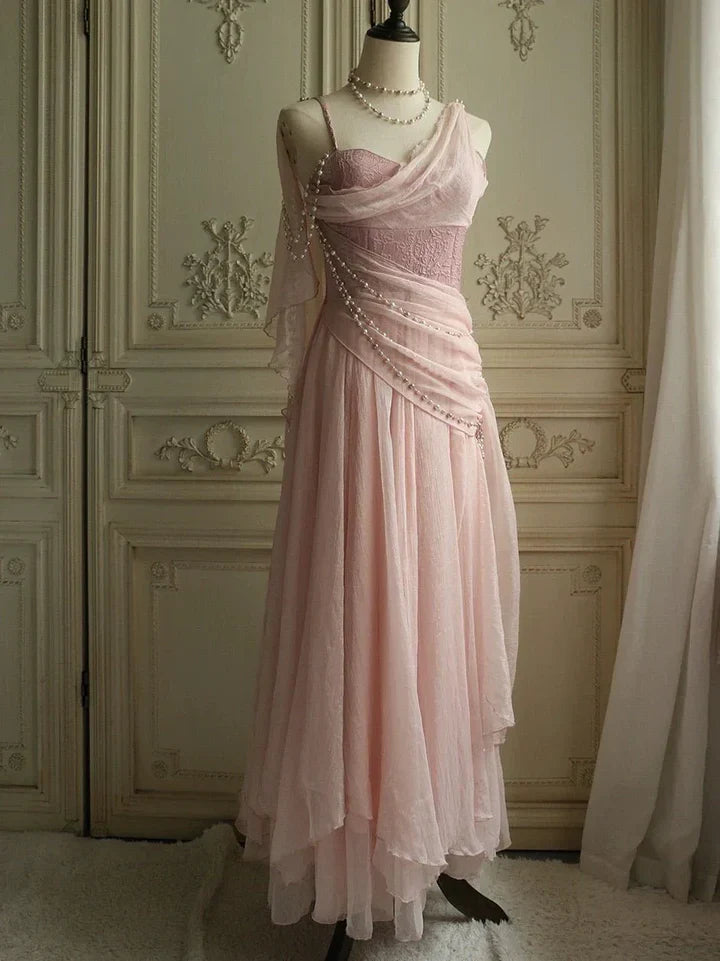 Vestidos de fiesta asequibles por menos de $180 ||Precioso vestido de fiesta de gasa rosa con tirantes finos y perlas de princesa ED01517