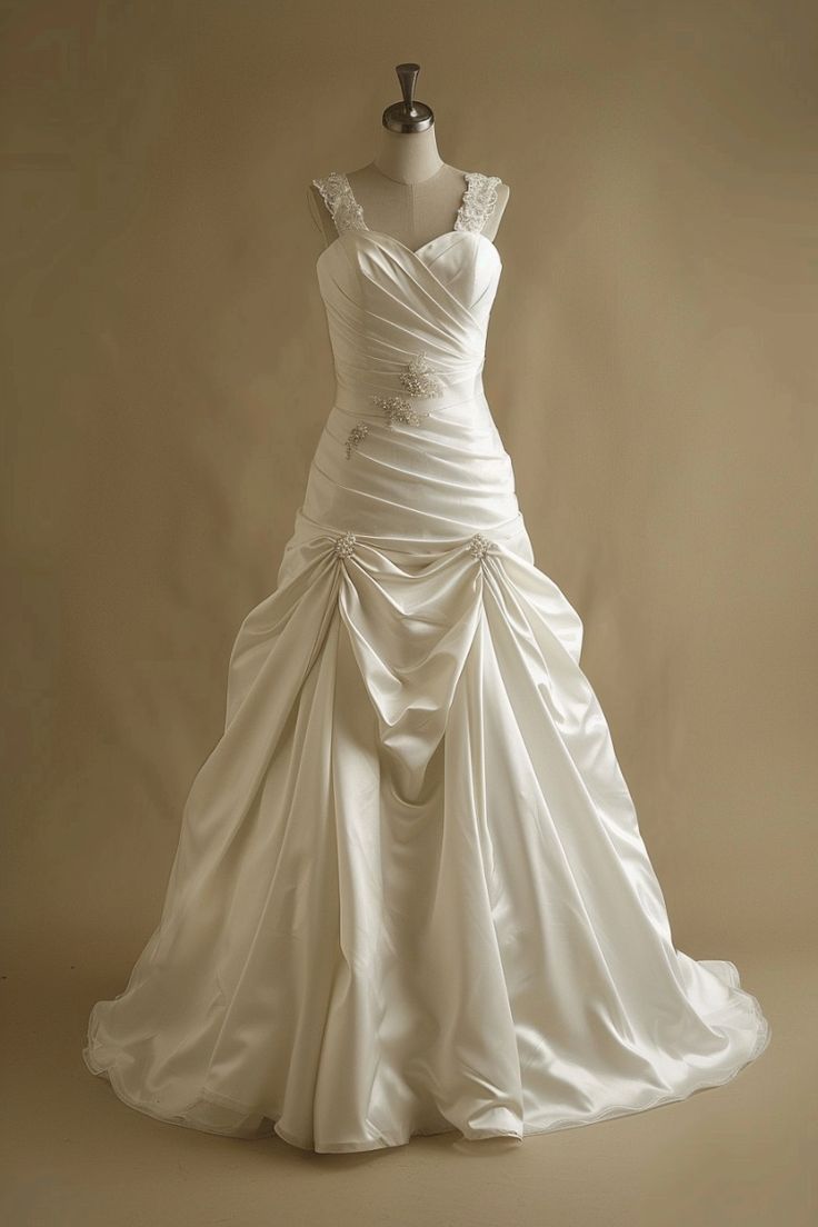 Vestido de fiesta largo sencillo de satén con encaje y escote corazón, blanco, con cuentas, ED01534